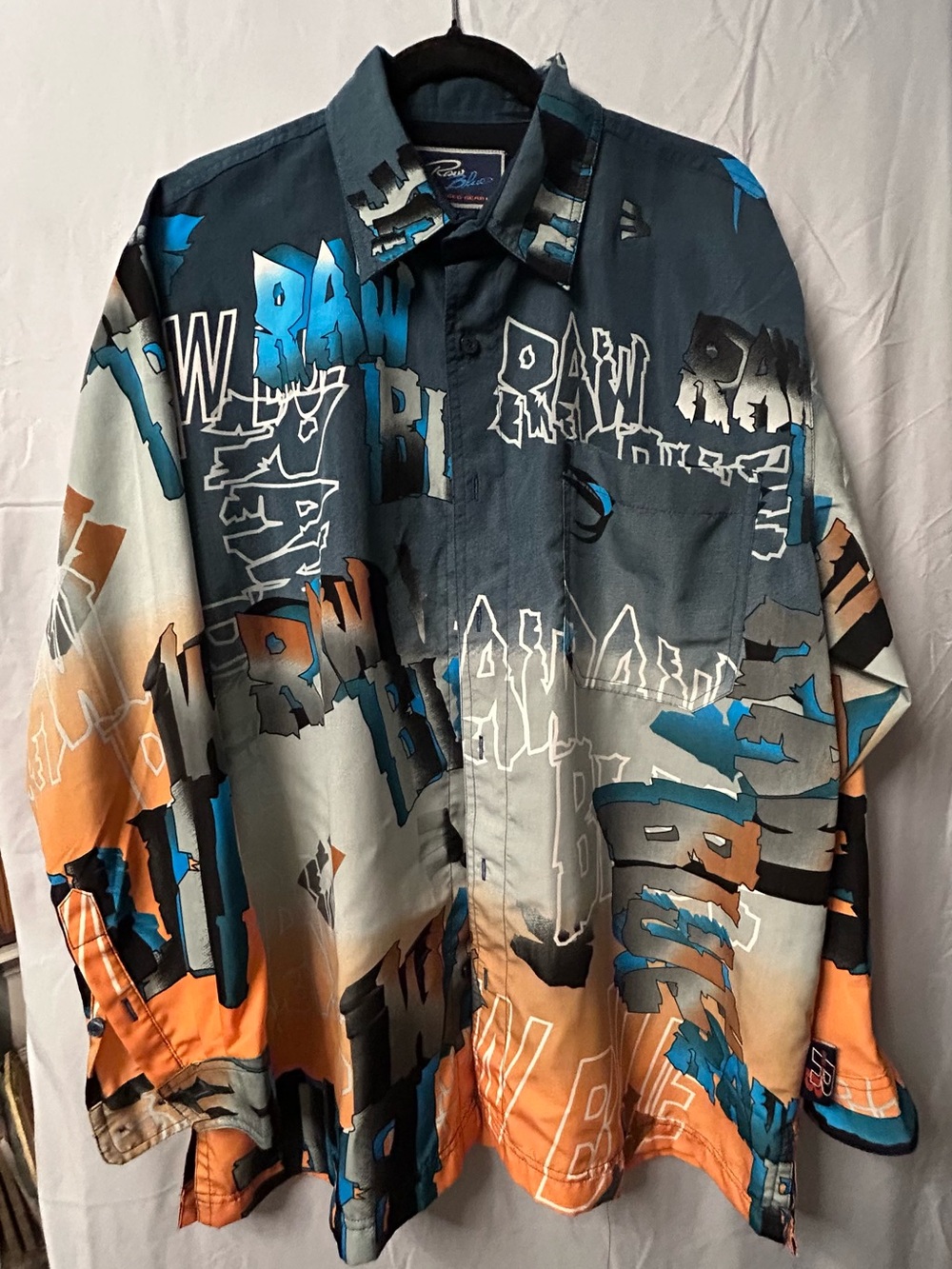 Raw Blue Men's Graphic Button-Down Shirt Jacket in Teal, Orange & Gray
